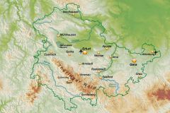 Landkarte von Thüringen mit Schummerung und wichtigen Orten