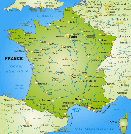 Frankreichkarte mit wichtigen topographischen Merkmalen