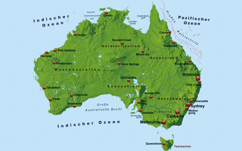 Australienkarte mit Schummerung und wichtigen Orten